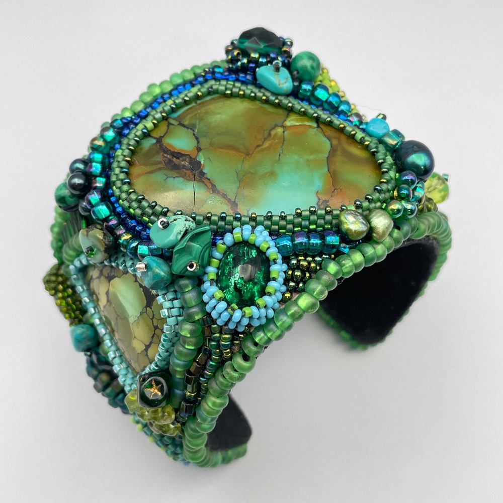 LARGE Beaded Turquoise Boho Cuff Bracelet Adjustable Statement Chunky Bracelet - Picture 3 of 17